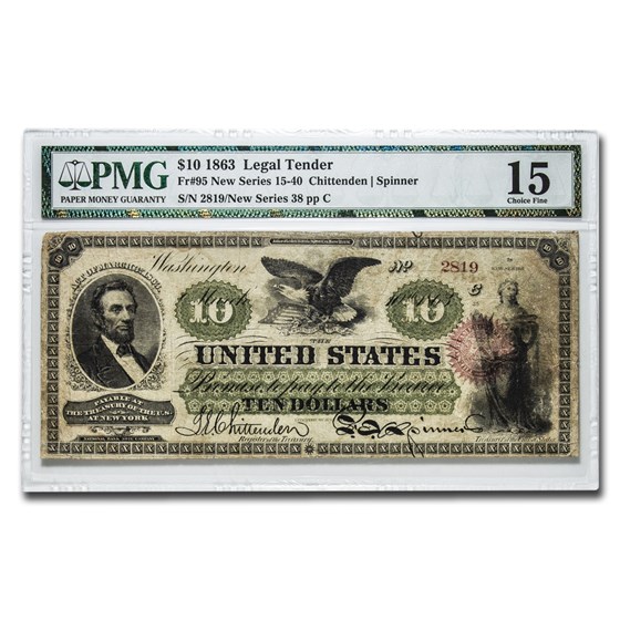 1863 $10.00 Legal Tender Abraham Lincoln Fine-15 PMG 1863 $10.00 Legal Tender Abraham Lincoln Fine-15 PMG